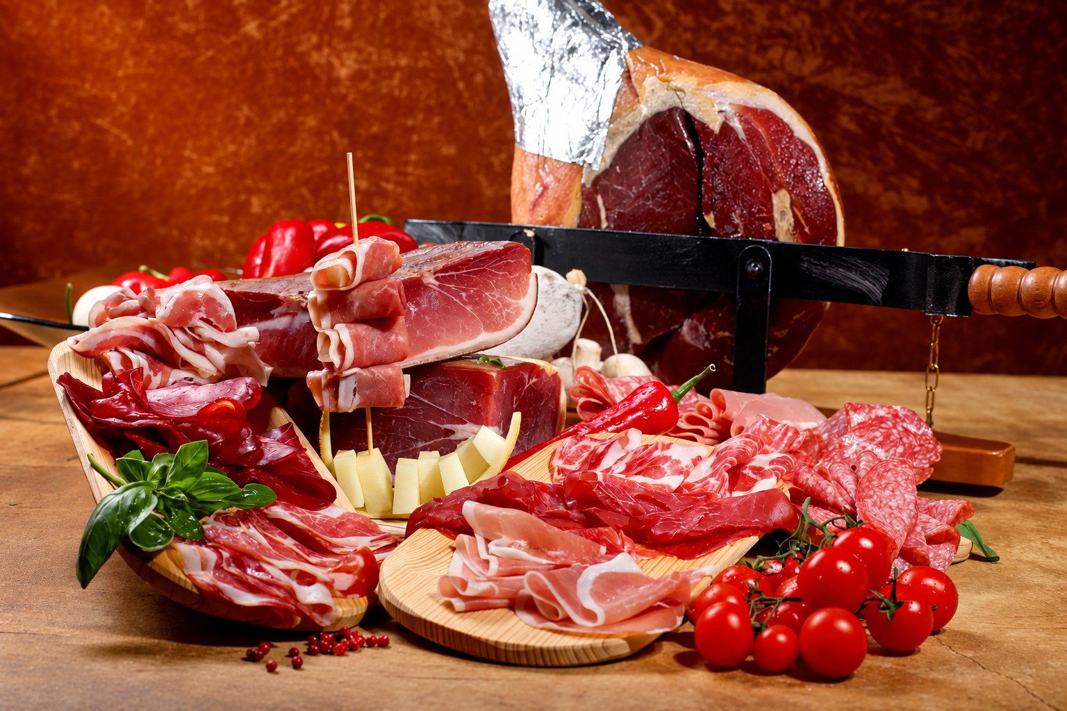 Des planches en bois garnies de tranches de jambon cru, de salami et de cubes de fromage, accompagnées de tomates cerises, de piments et de basilic, devant un jambon entier posé sur son support.