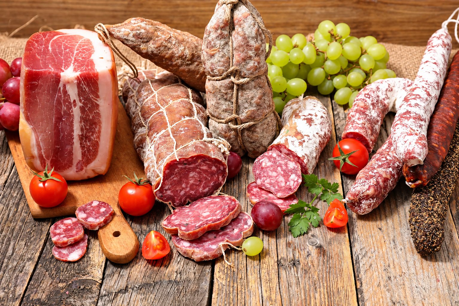Un assortiment de saucissons secs, de jambon et de tranches de salami posés sur une table en bois avec des raisins blancs et rouges et des tomates cerises.