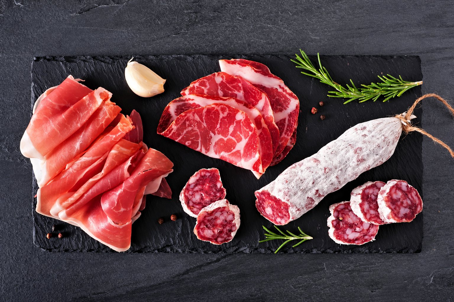 Vue de dessus d'une ardoise noire garnie de jambon cru, de coppa et de saucisson sec en tranches, avec du romarin, une gousse d'ail et du poivre.