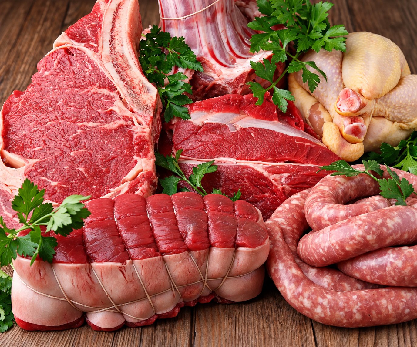 Assortiment de viandes crues de boucherie avec côte de bœuf, rôti ficelé, poulet, saucisse roulée et persil frais sur une table en bois.