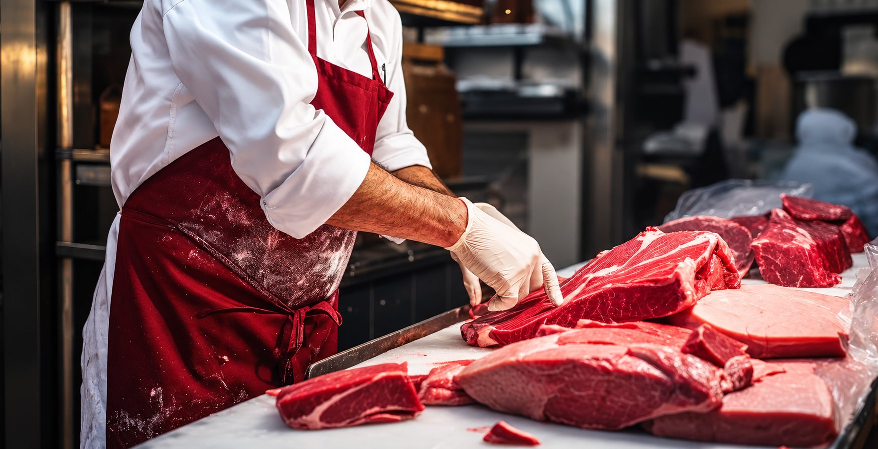 Un boucher en tablier rouge et gants blancs découpe de grosses pièces de viande rouge sur un plan de travail dans sa boucherie.