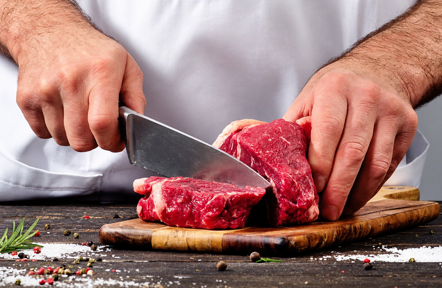 Les mains d'un boucher en tablier blanc tranchent un morceau de bœuf cru avec un grand couteau sur une planche en bois, entouré de grains de poivre, de sel et de romarin.