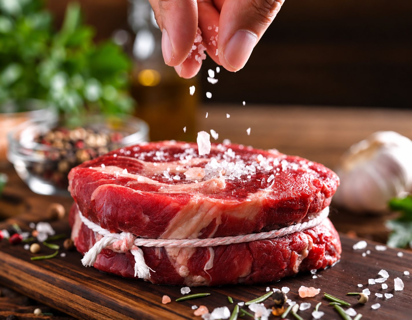 Une main saupoudre du gros sel sur un steak de bœuf cru ficelé posé sur une planche en bois, entouré d'épices et d'ail.
