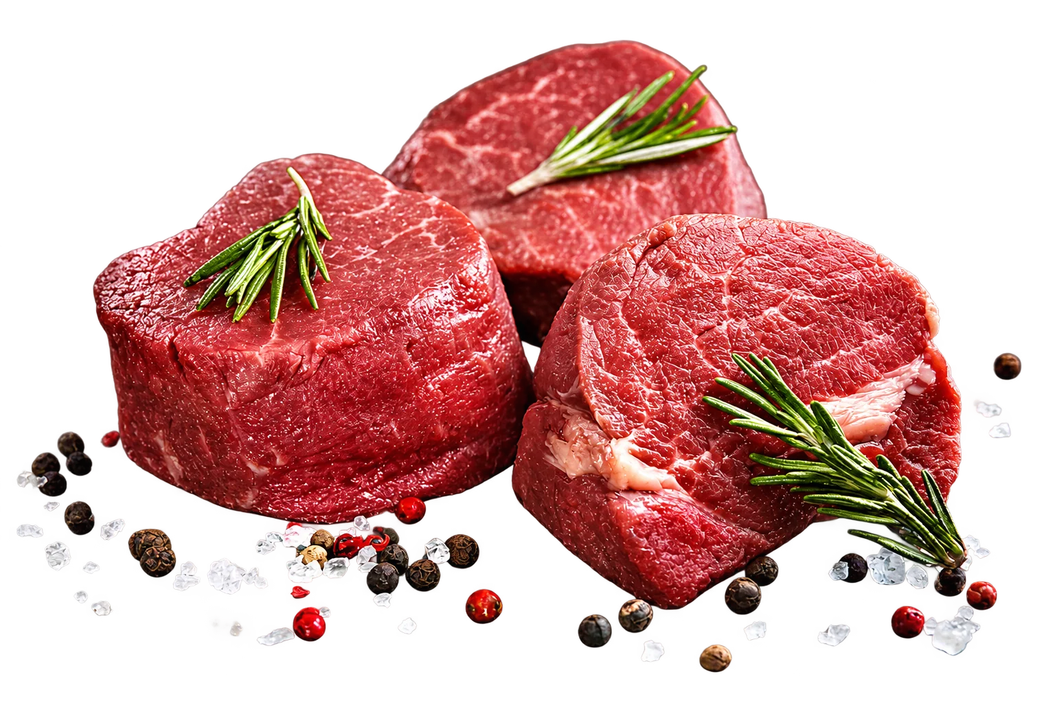 Trois médaillons de filet de bœuf cru garnis de brins de romarin, posés sur une ardoise noire parsemée de gros sel et de grains de poivre.