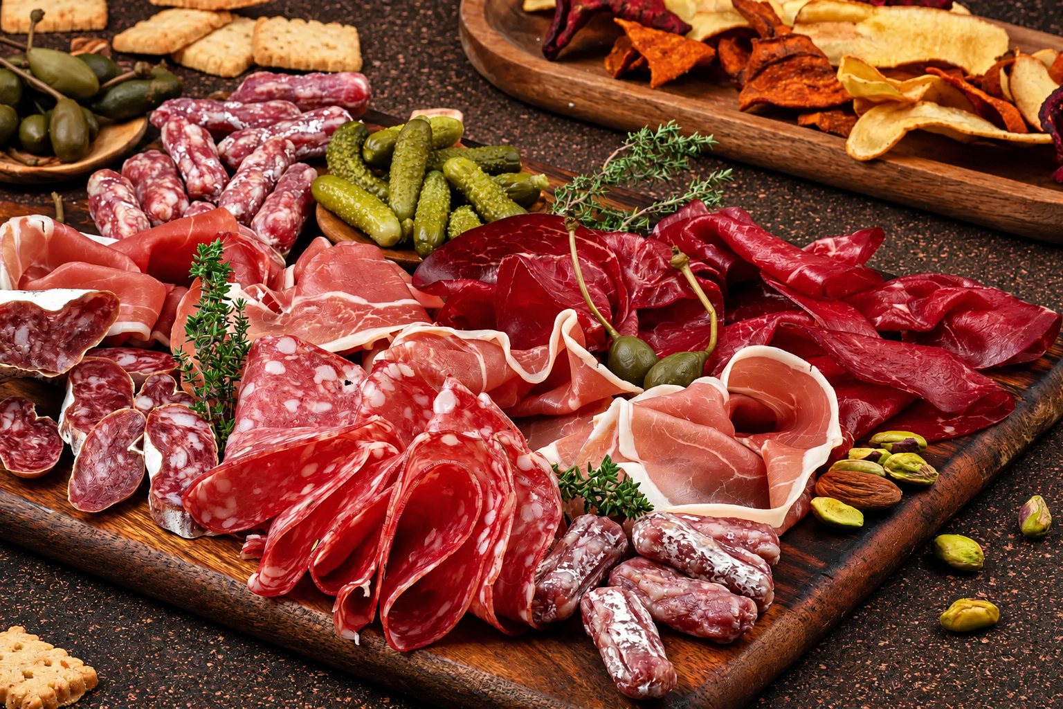 Une planche en bois garnie de saucisson, jambon cru, bresaola, cornichons, câpres et pistaches, avec des chips de légumes et des biscuits apéritifs autour.