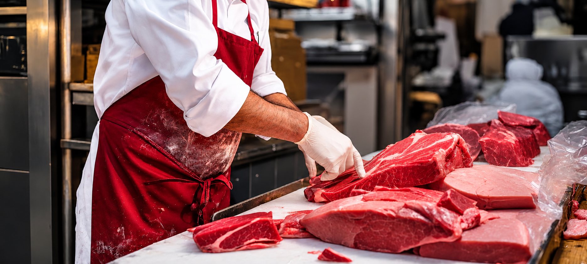 Un boucher ganté et vêtu d'un tablier rouge découpe de grosses pièces de viande rouge sur un plan de travail dans une boucherie.